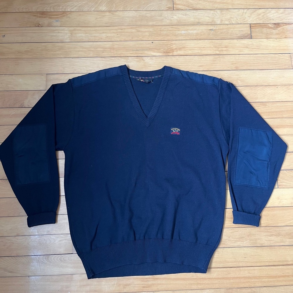 Paul & Shark Yachting Mens Navy Blue Wool V-Neck Sweater Elbow Patches Italy XL